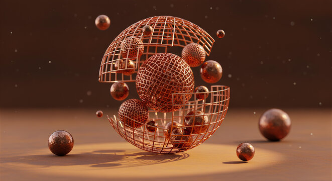 Abstract 3D Exploded Sphere with Copper Wireframe Industrial Concept