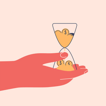 Time is money concept. businessman hand holding hourglass with sand and coins. investment, interest rate return from savings, salary growth, wage increase. vector illustration