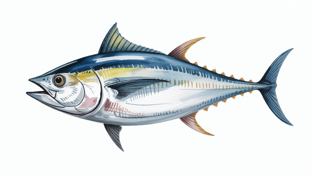 tuna fish with blue and yellow fins and tail isolated on white background