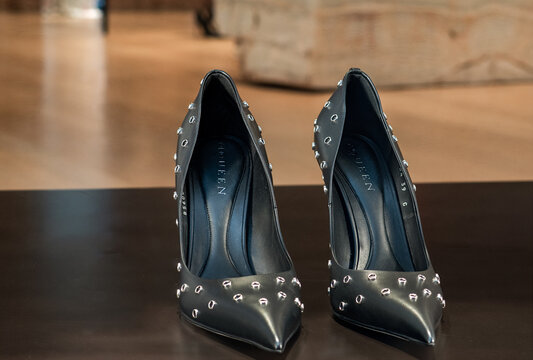 Alexander McQueen Skull, luxury black leather pumps with a pointed toe and studs on the upper. Milan - Italy, 07 March 2026
