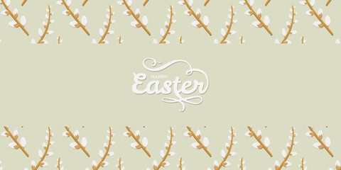 Elegant Happy Easter greeting in white script on pastel green background with pussy willow branches framing top and bottom, festive seasonal design for cards, posters, and decorative prints © Lipitorika
