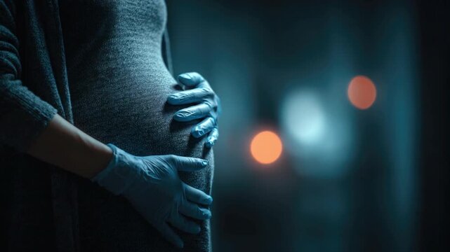Expecting with Care: A tender portrayal of a pregnant person, cradling their baby bump with gloved hands, symbolizes protection and anticipation. Evoking a sense of care and hope.