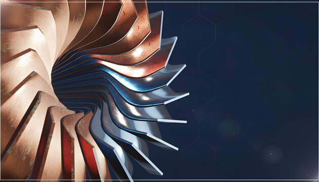 Close-up of a polished metallic turbine engine rotor with curved blades, industrial technology concept