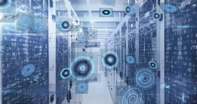 Animation of mathematical equations and data processing against computer server room
