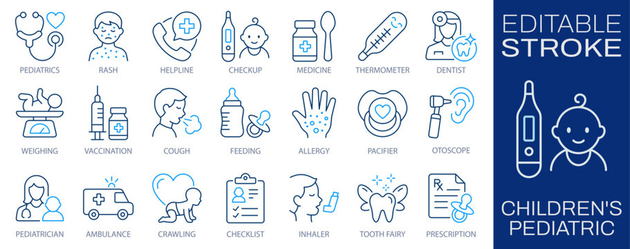 Children pediatric line icons set, healthcare and childcare concept. Pediatrics, vaccination, checkup, medicine, thermometer, dentist, allergy, feeding, and emergency symbols. Editable stroke.