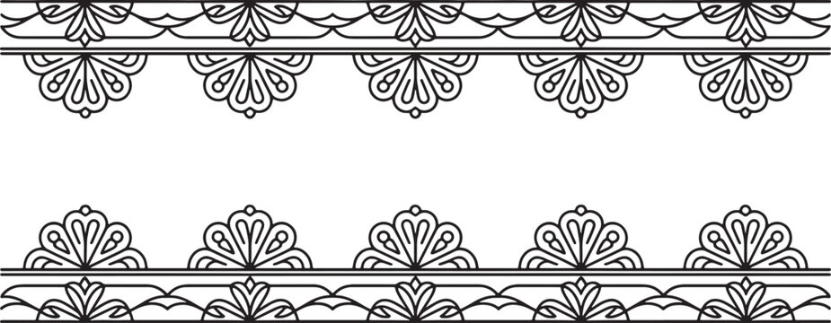 Intricate black lace border with floral pattern and elegant swirls for design frame. Vector illustration