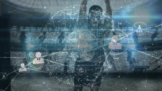 Animation of network of connections and data processing over rugby player