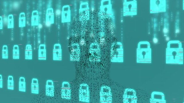 Animation of binary coding and digital human over padlock icons