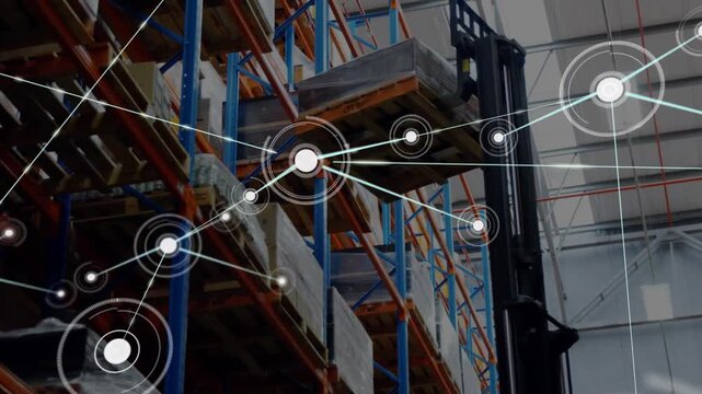 Animation of connected icons over operator using forklift to place boxes on shelf in warehouse