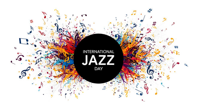 Colorful explosion of musical notes and abstract shapes for International Jazz Day