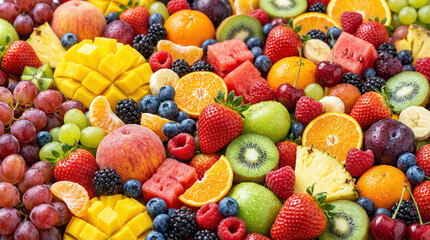 Obraz premium Fresh fruit assortment, colorful mix, juicy healthy food, sliced oranges, strawberries, kiwi, berries