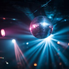 Obraz premium Disco ball hanging in darkness, reflecting blue and pink light rays creating party atmosphere