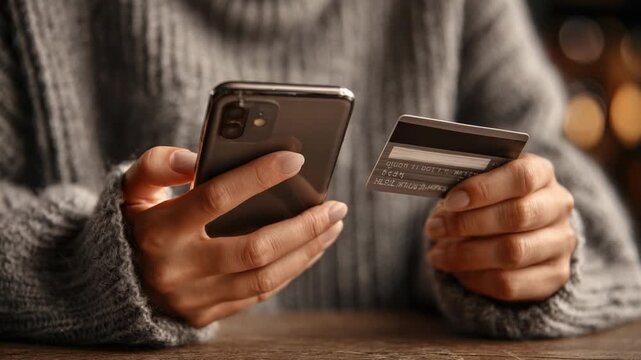 Online Payment with Smartphone: A close-up shot of a hand securely holding a smartphone and credit card, highlighting the ease and convenience of digital transactions.