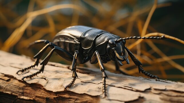 Close-Up of a Shiny Blue Beetle Crawling Across Weathered Wood and Pine Needles