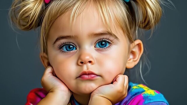 A little girl with blue eyes and a colorful shirt