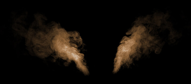 Abstract brown dust explosion particles isolated on black background, dynamic powder burst cloud texture for design overlay, smoke effect, energy impact and cinematic particle background concept.