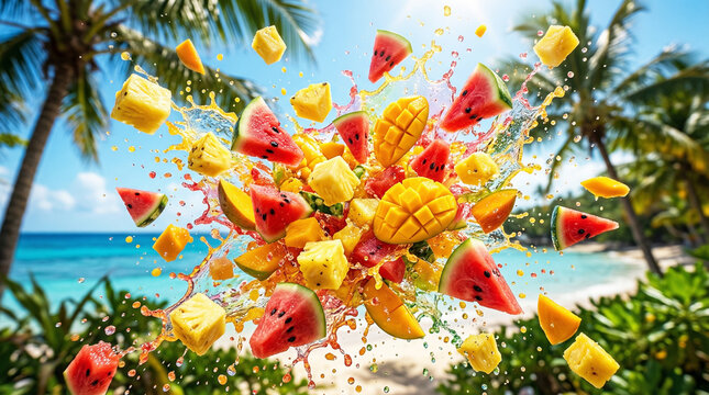 Tropical fruit mix with mango and watermelon exploding on beach background