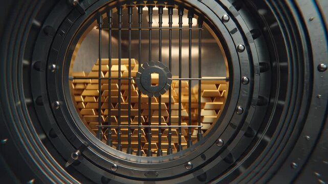 Open bank vault door revealing stacks of gold bars inside secure safe deposit room.