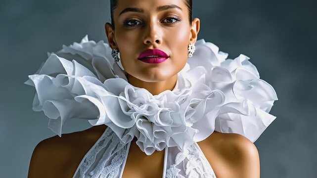 A woman in a white dress with ruffles on her neck