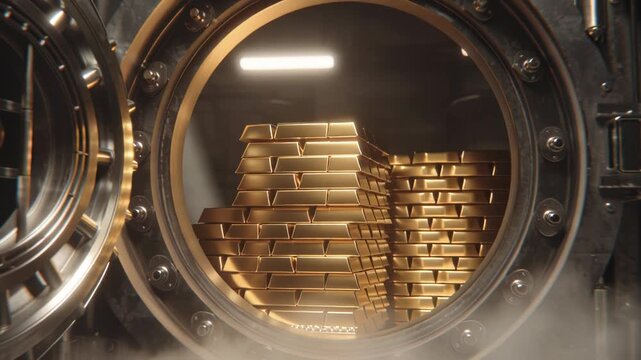 Stacks of gold bars stored securely inside a large vault door.