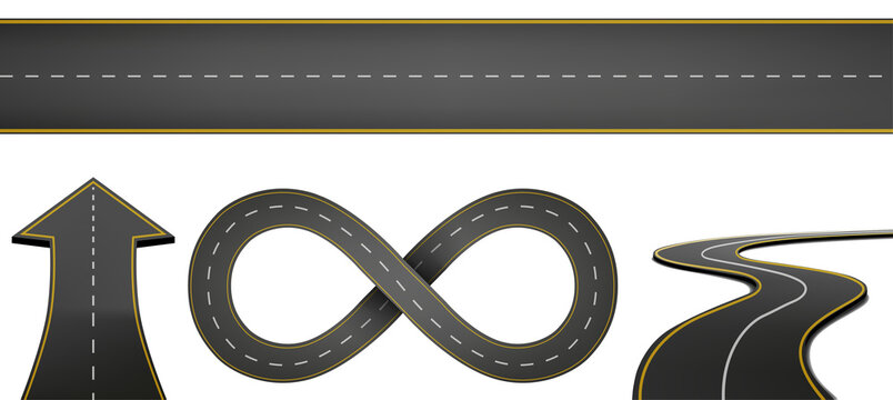Road and highway elements set, asphalt path icons with infinity loop and arrow on black background