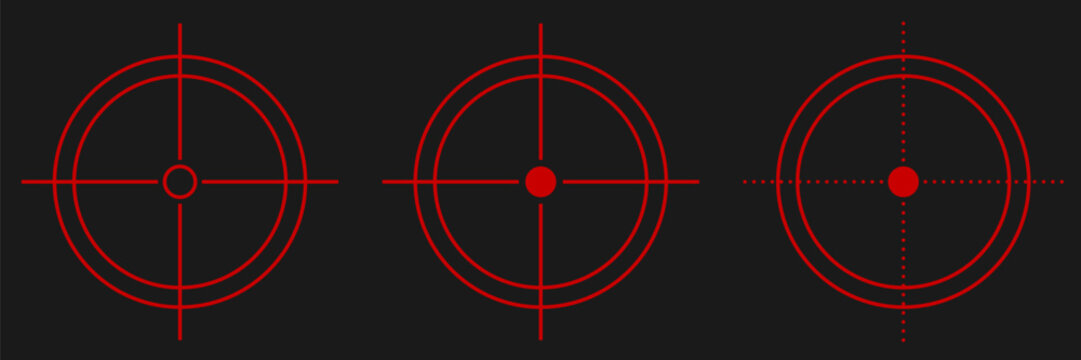 Red sniper crosshair icon set with circular reticles. Digital targeting graphics for shooting games, tactical HUD overlays, weapon aim systems, military simulation, and cyber interface design.