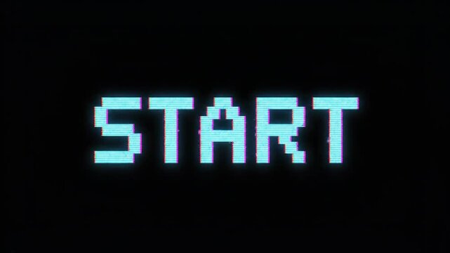 Dynamic animation of 'START' text with pixel art and digital distortion, perfect for retro gaming themes.