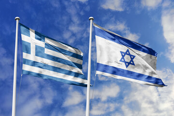Fototapeta premium Greece and Israel flags waving in a clear blue sky, symbolizing a powerful diplomacy, expanding global trade, a strategic partnership, and a shared vision of unity for a sustainable future.