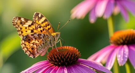 Fototapeta premium A vibrant butterfly with intricate patterns on its wings is perched on a purple coneflower, surrounded by lush green foliage and a soft, warm light.