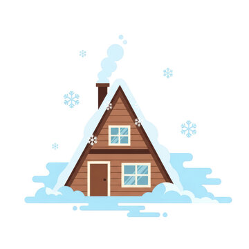 A brown wooden triangular house with snow on the roof isolated on transparent background