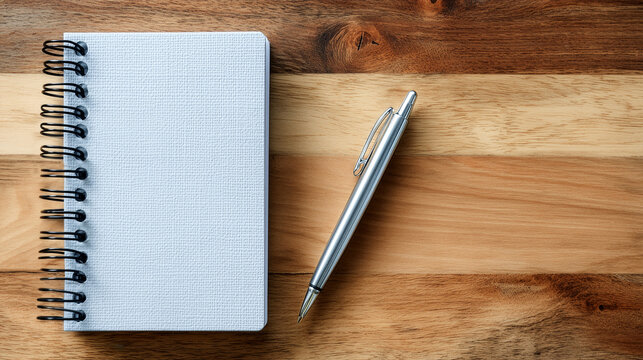 Top Down Wooden Desk View With Notebook And Pen, Copy Space For Your Text