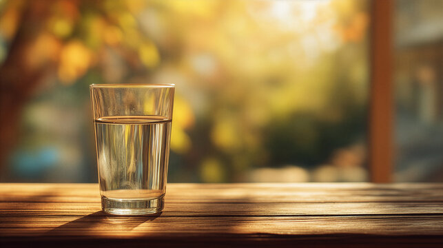 Clean Hydration Concept With Glass Of Water On Table And Soft Bokeh Background