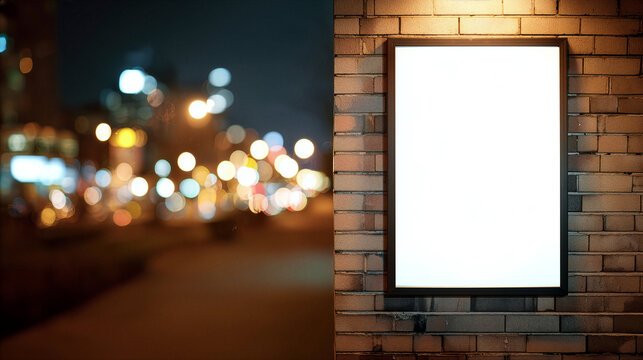 Street Advertising Mockup With Blank Poster On Brick Wall And Colorful Bokeh