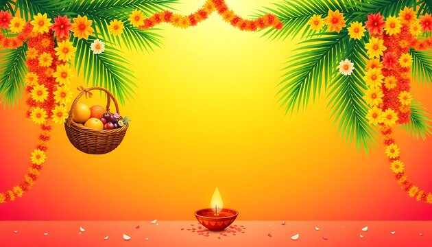 A festive scene with a lit diya lamp and a basket of fruits surrounded by marigold flowers and palm leaves on a colorful background.
