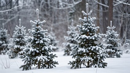 Fototapeta premium Snowy spruces stand in a winter forest creating a tranquil and scenic winter wonderland