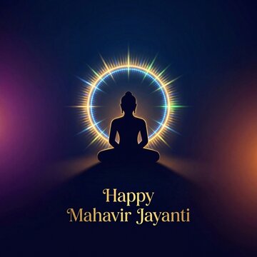 Silhouette of meditating monk with glowing aura celebrating Mahavir Jayanti festival in vibrant spiritual background