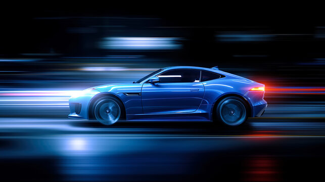 Modern blue sports car speeding with motion blur and neon light trails at night, showcasing power, speed, and cutting-edge automotive design and performance. Generative AI
