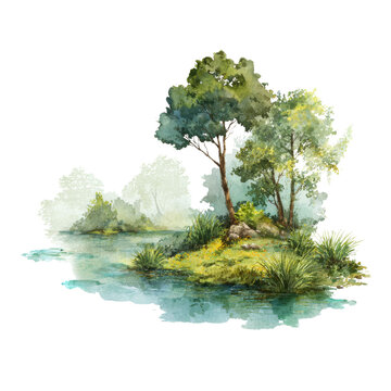 Watercolor - tree and rock watercolor object isolated png.
