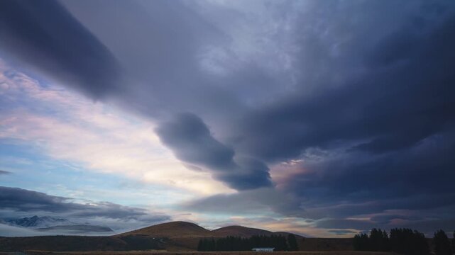 Timelapse of Massive Lenticular Wave Clouds Over Tussock Hills and Farm Mackenzie Basin New Zealand