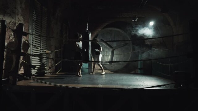 Box fighters training on dark ring in fitness club, sport workout in fight club. Young adult african man and woman practicing arm strikes on punching bag, healthy lifestyle and sport activity for body