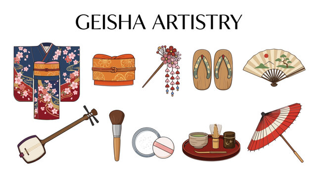 Illustration of Geisha artistry items kimono obi hairpin sandals fan shamisen makeup tea set and umbrella