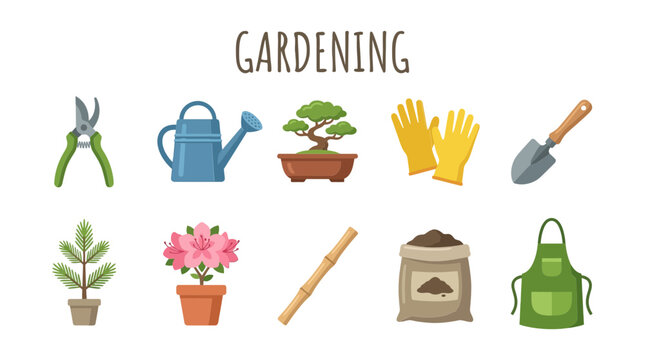 Illustration of ten gardening tools and plants arranged in two rows under the text GARDENING