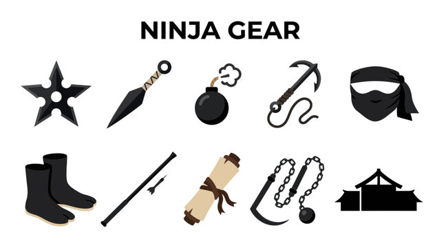 Set of ten black icons depicting various ninja gear and equipment