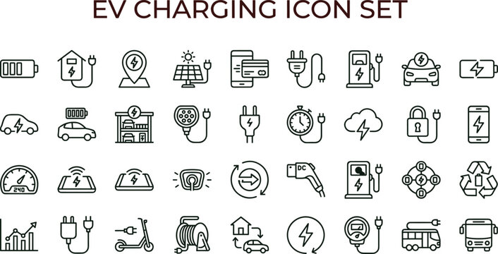 EV charging outline icon set featuring electric vehicle energy station battery power interface symbols for sustainable transportation applications