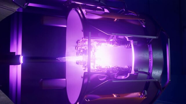 Plasma gasification plant with glowing purple light and industrial machinery featuring technology, energy production, waste management with