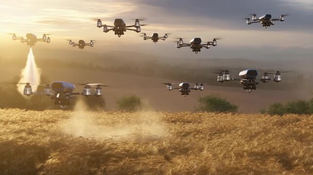 Drones robotic swarm of small flying machines hovering over a wheat field with sunset background and futuristic technology