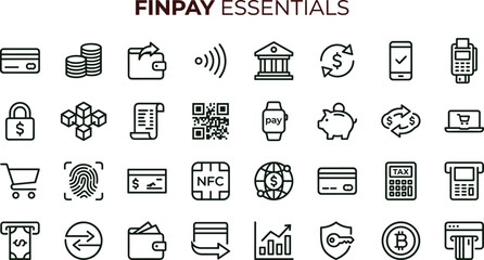 Finpay essentials outline icon set featuring digital payment banking transaction wallet interface symbols for finance applications © set kine