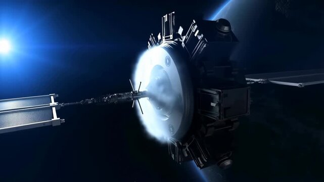 Satellite modular with solar panels and antennae in space orbit around Earth featuring spacecraft, technology, astronomy with communication and