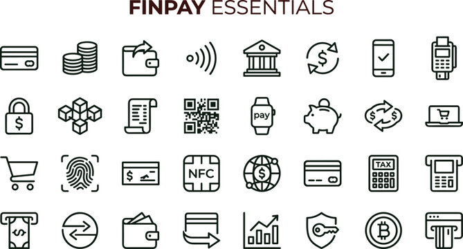 Finpay essentials outline icon set featuring digital payment banking transaction wallet interface symbols for finance applications