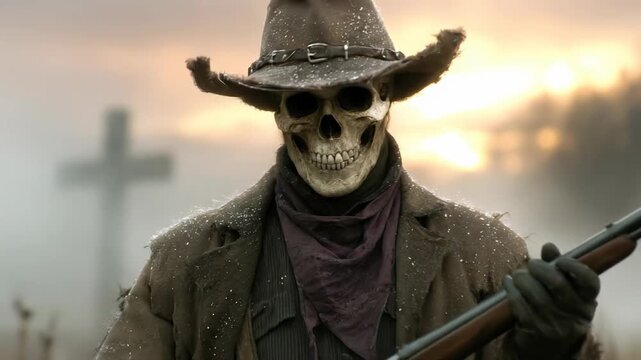 Undead cowboy gunslinger, spectral skeletal figure in a dusty hat, holding a shotgun, standing in a desolate, foggy graveyard, concept of western horror, mortality, and doom